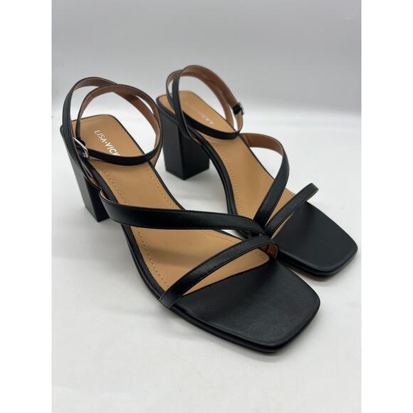 Lisa Vicky Violet-V Strappy Black Chunk Square Heel Sandal Shoe 11M - Picture 1 of 6